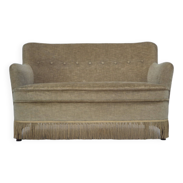 1970s, Danish 2 seater sofa, original condition, green furniture velour, beech wood legs.