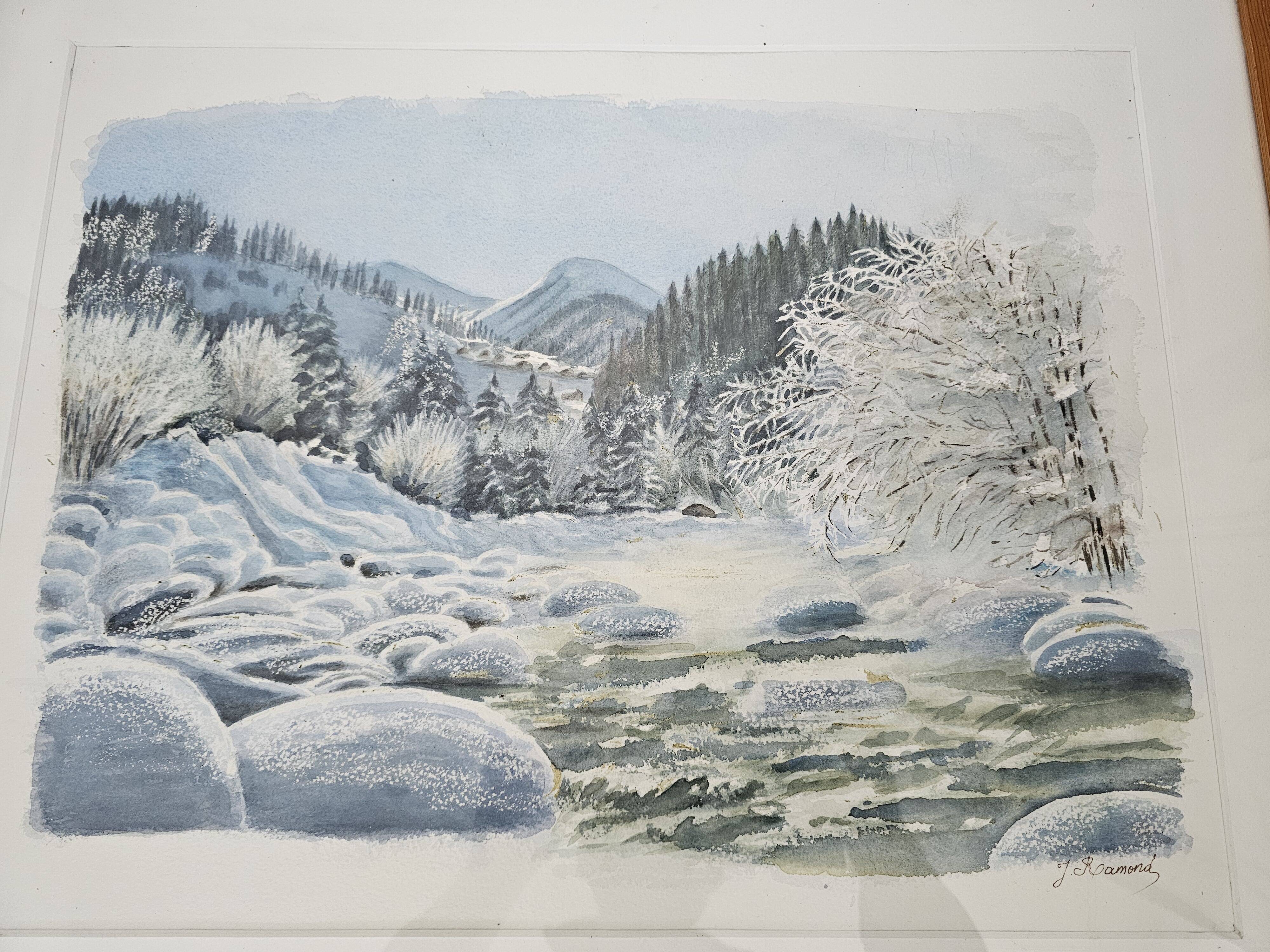 Tableau - Aquarelle paysage de neige Signée Janine Ramond