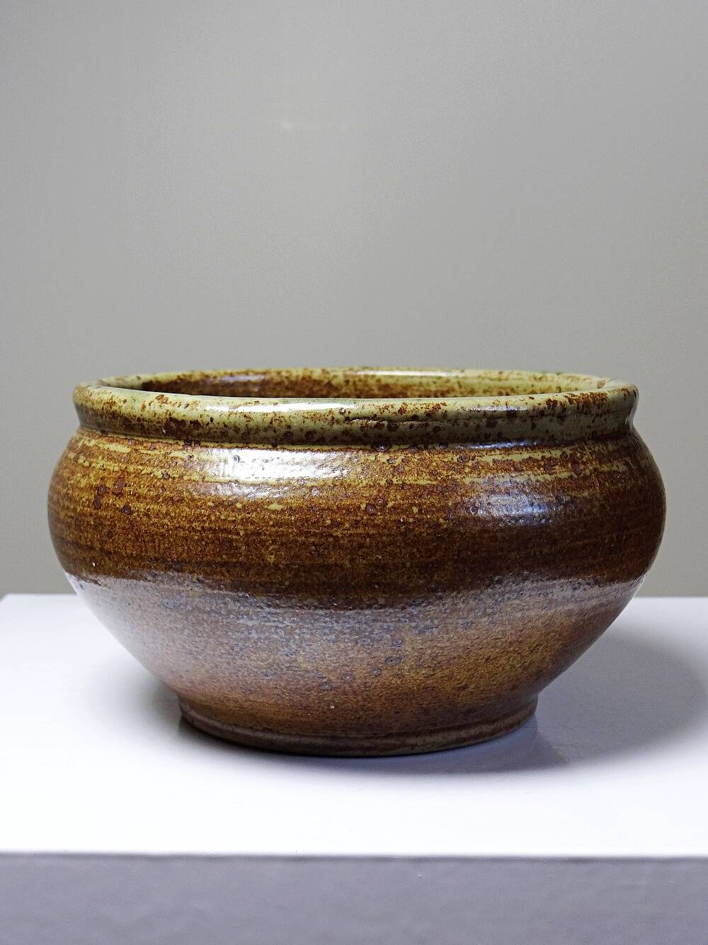 Vintage stoneware bowl or planter with ash glaze, rustic wabi sabi style