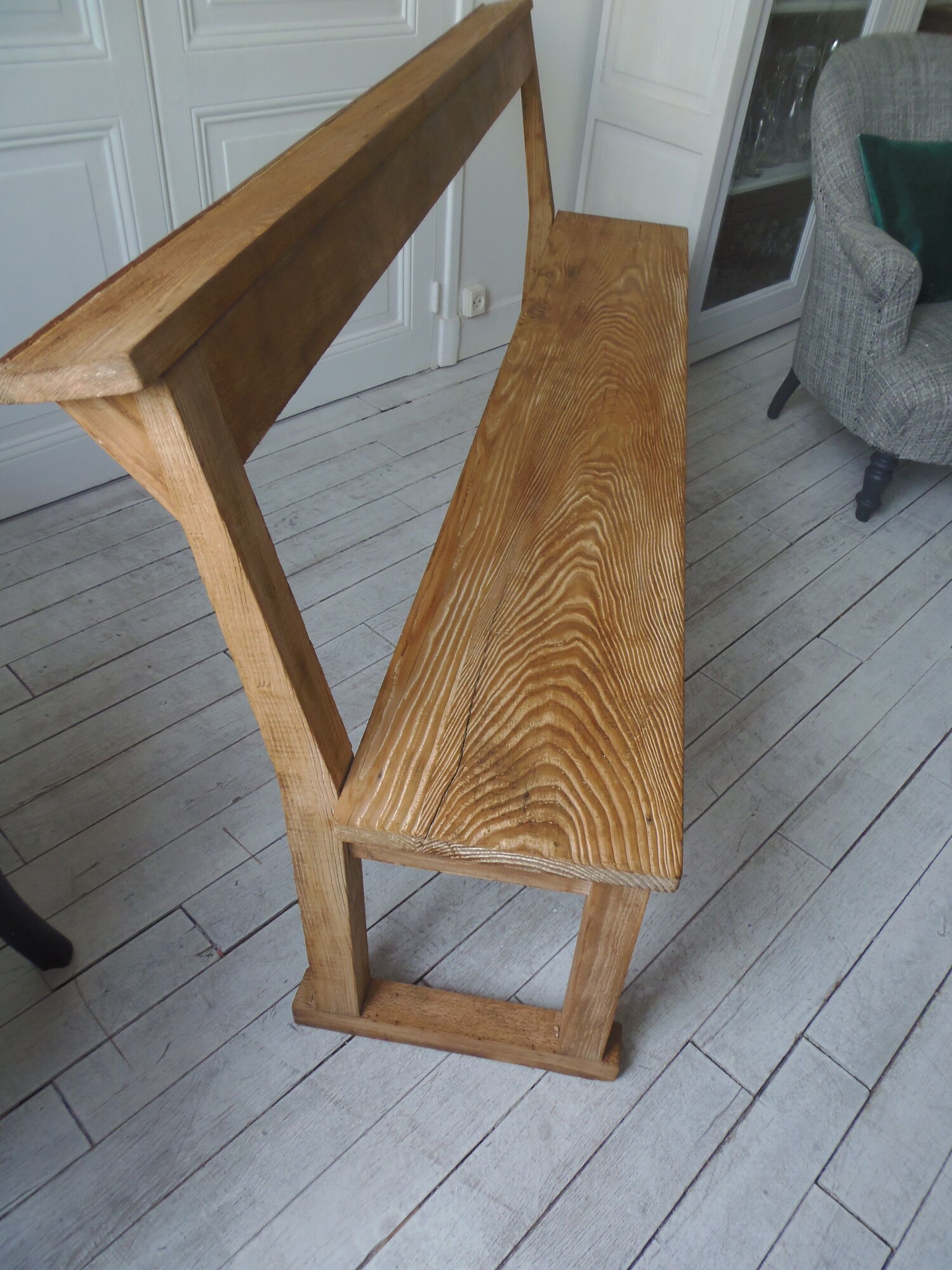 Church pew, pitchpin bed with a light oak waxed finish.