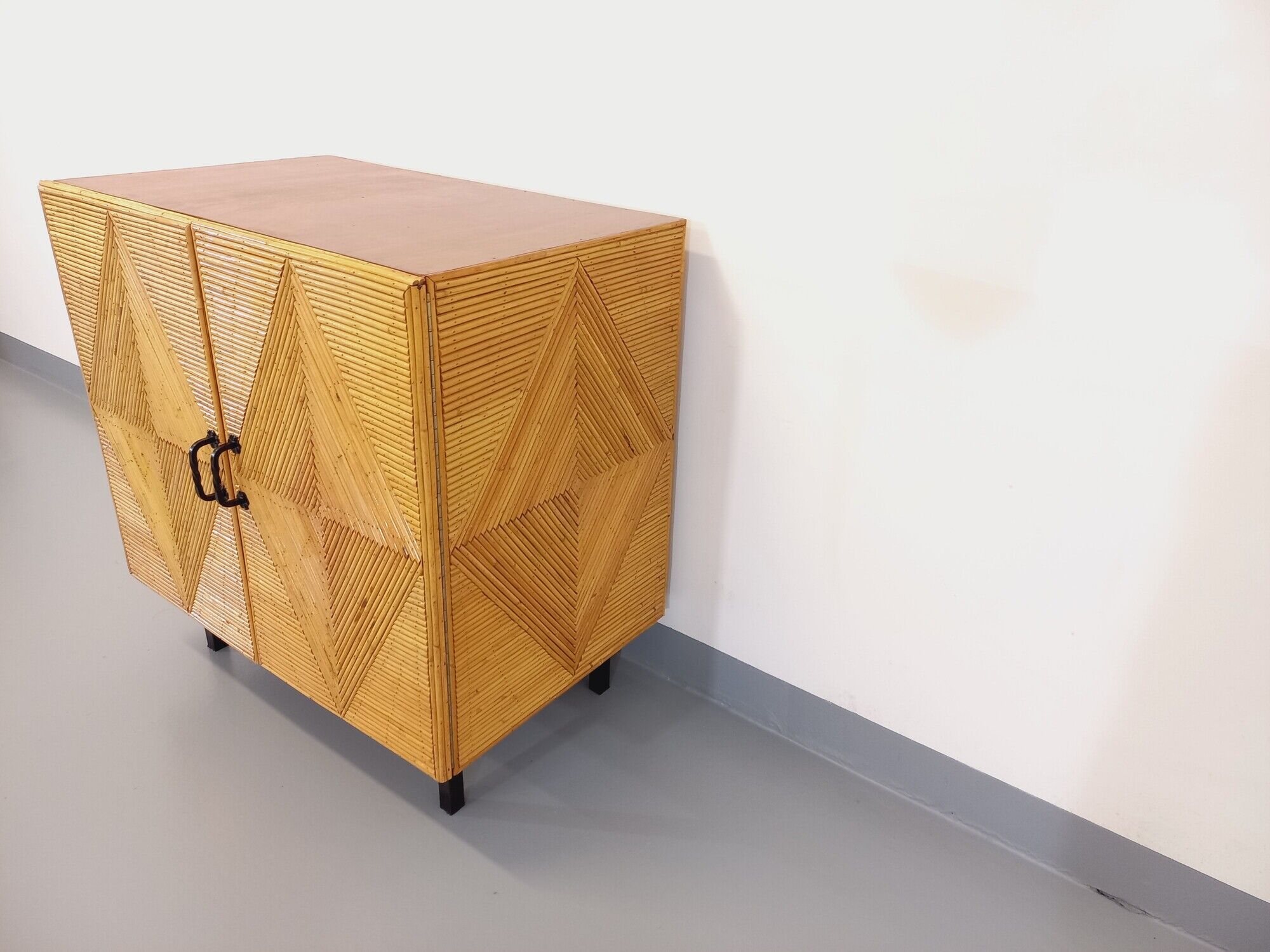 Vintage rattan, wood and metal storage cabinet from the 60s