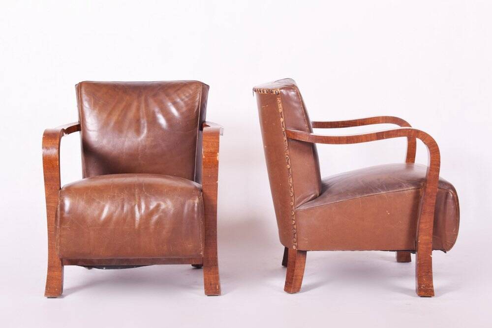 Vintage Art Deco Lounge Set in Walnut and Leather, 1930s, Set of 3