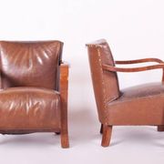 Canapé et 2 fauteuils Art Déco vintage en noyer et cuir, années 1930