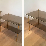 Pair of brass sofa ends and smoked glass trays
