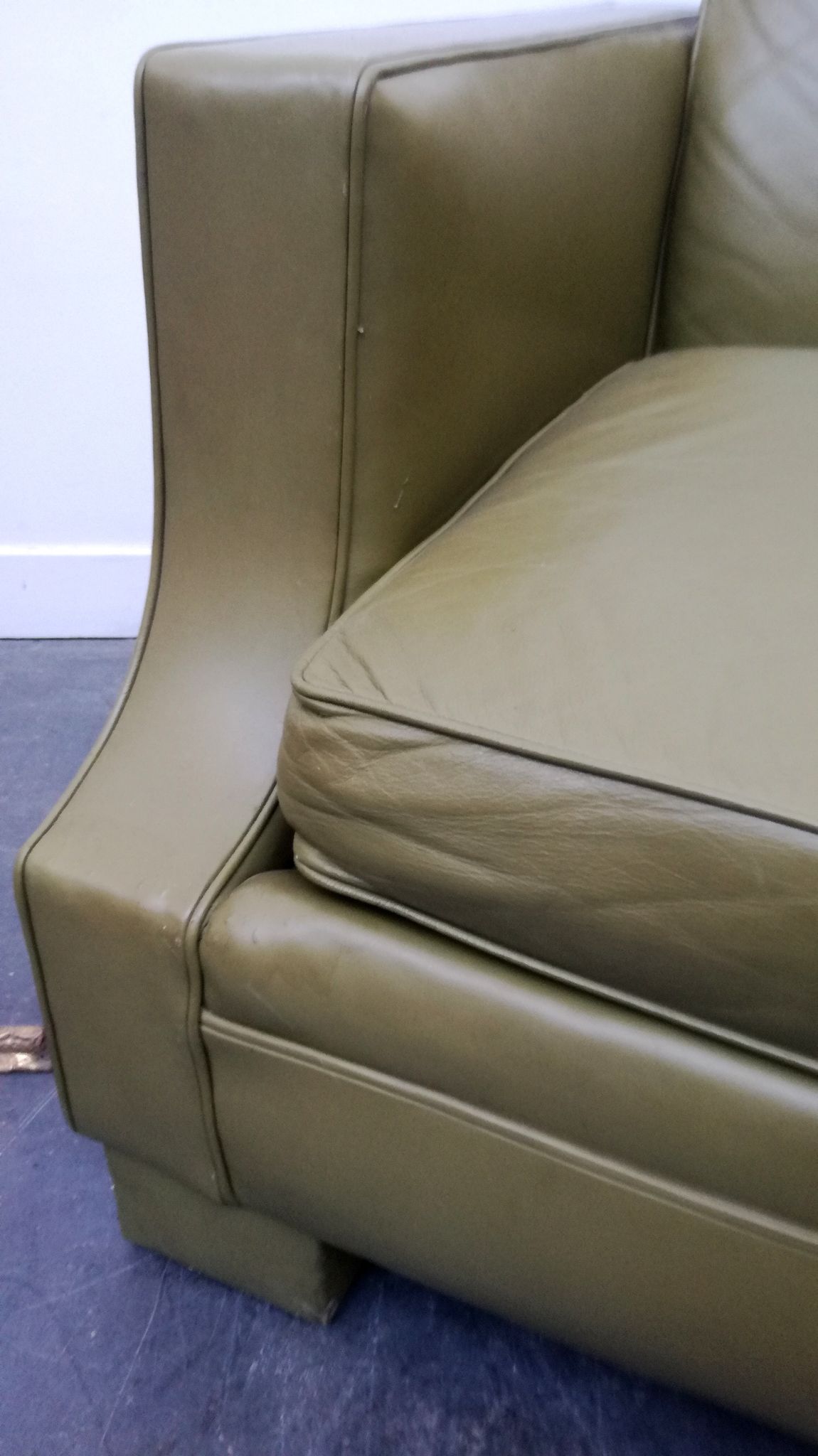 Jansen Olive green leather sofa France 1970