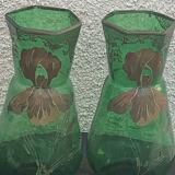 Paire de vases aux iris dore verre transparent vert et iris peint a la main art nouveau, collector