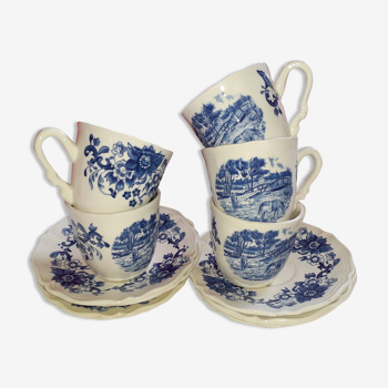 Set de 5 tasses avec soucoupes Sarreguemines décoe bleu.