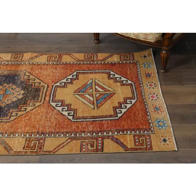 1970s vintage Turkish Oushak handmade wool cotton orange runner rug 103x330