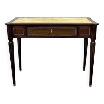 Louis xvi style flat desk with shelves in mahogany and leather top