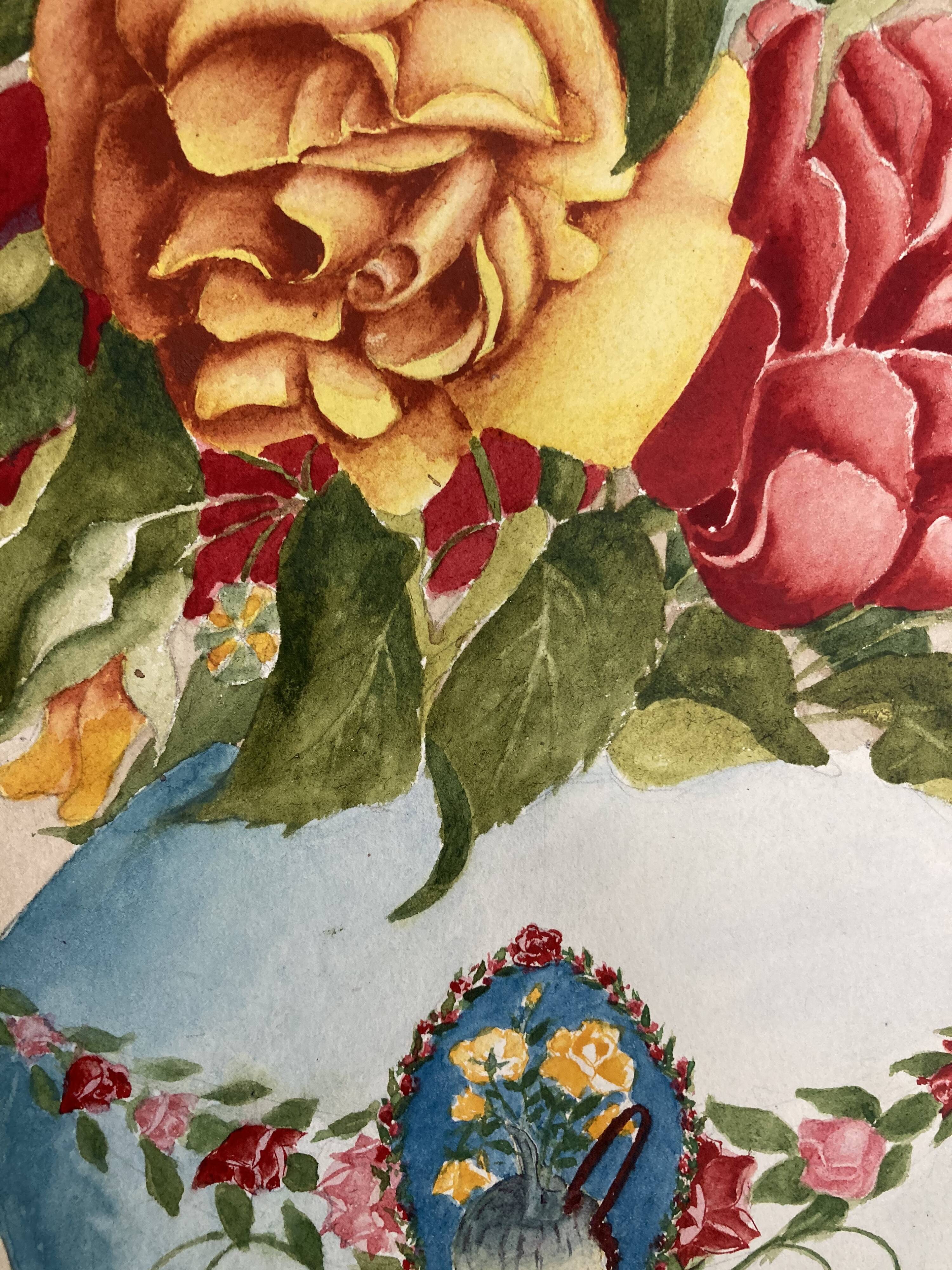 Vintage watercolor with roses in earthenware vase with angel