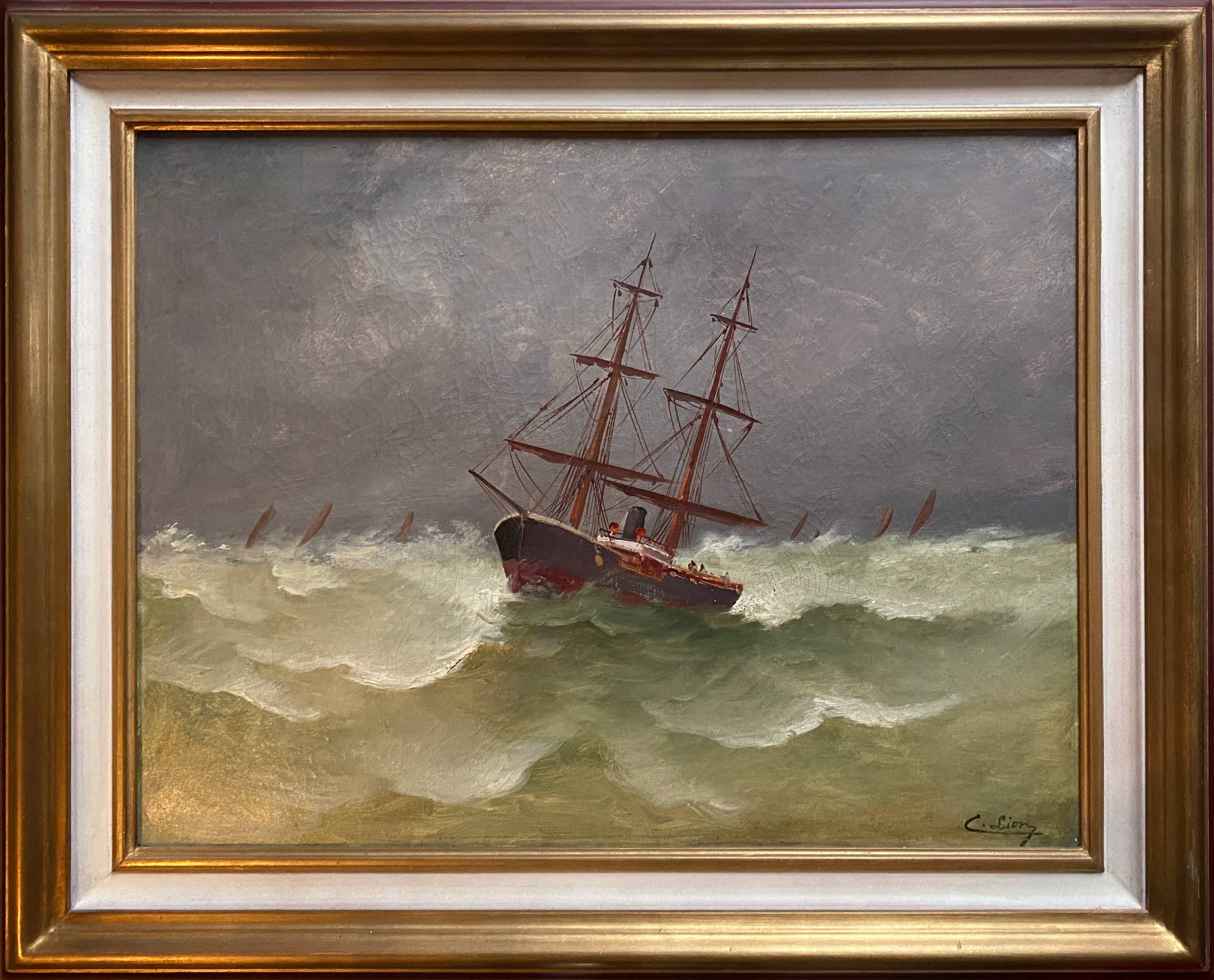 19th century HST painting "Boat in heavy weather" signed C. Lion + frame