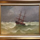 19th century HST painting "Boat in heavy weather" signed C. Lion + frame
