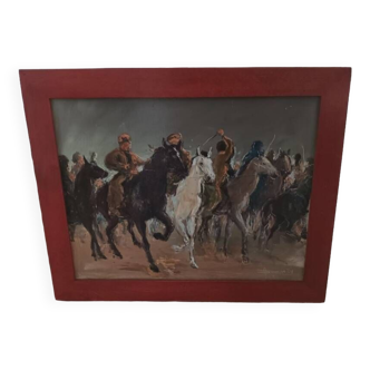 Tableau scène orientaliste Fantasia chevaux