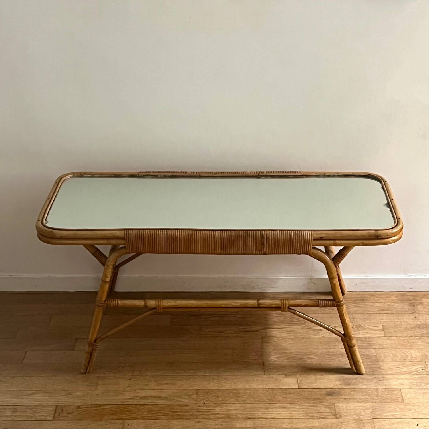 Coffee table, rattan mirror top 60s