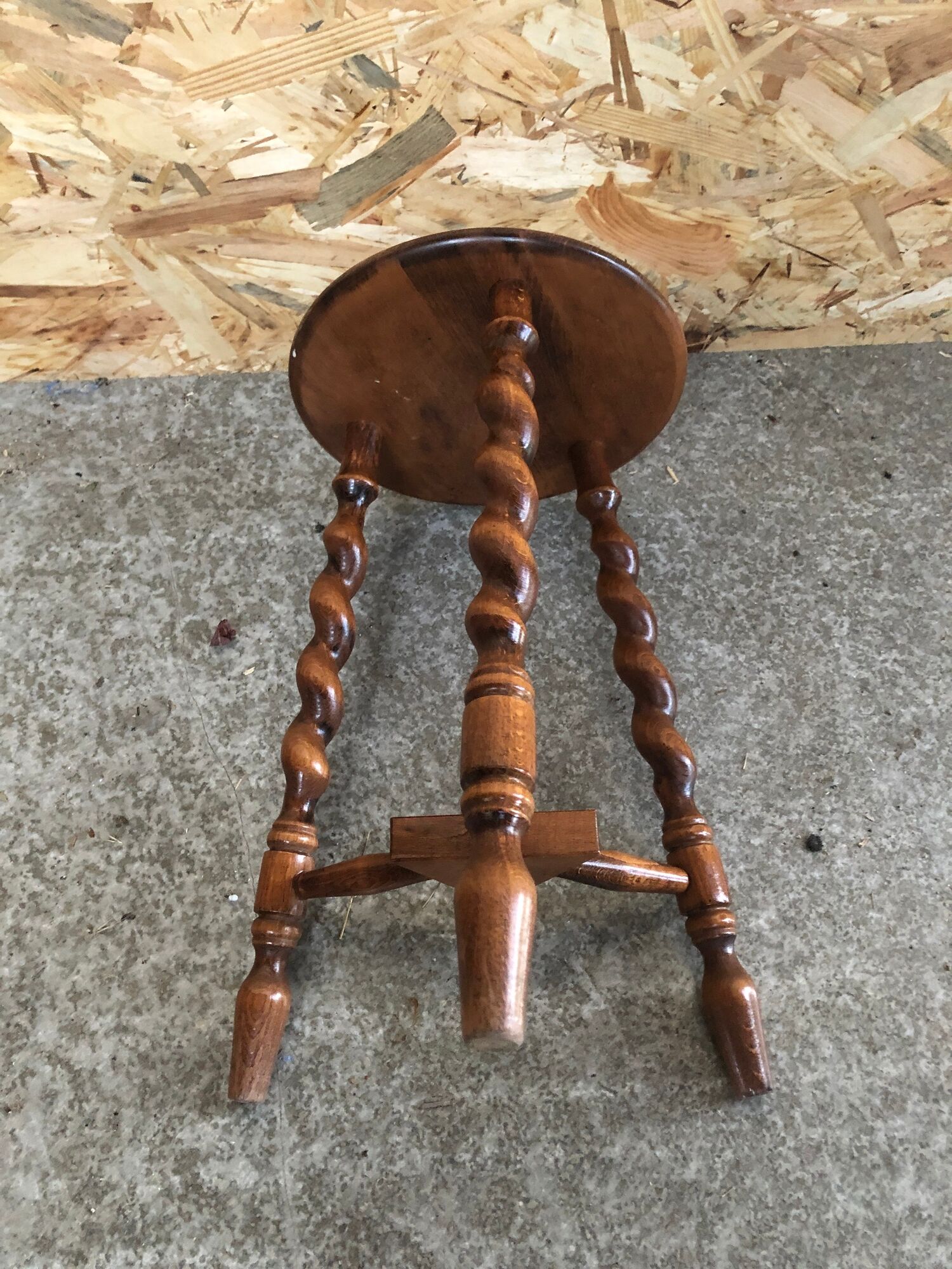 Old milking stool twisted feet vintage wood