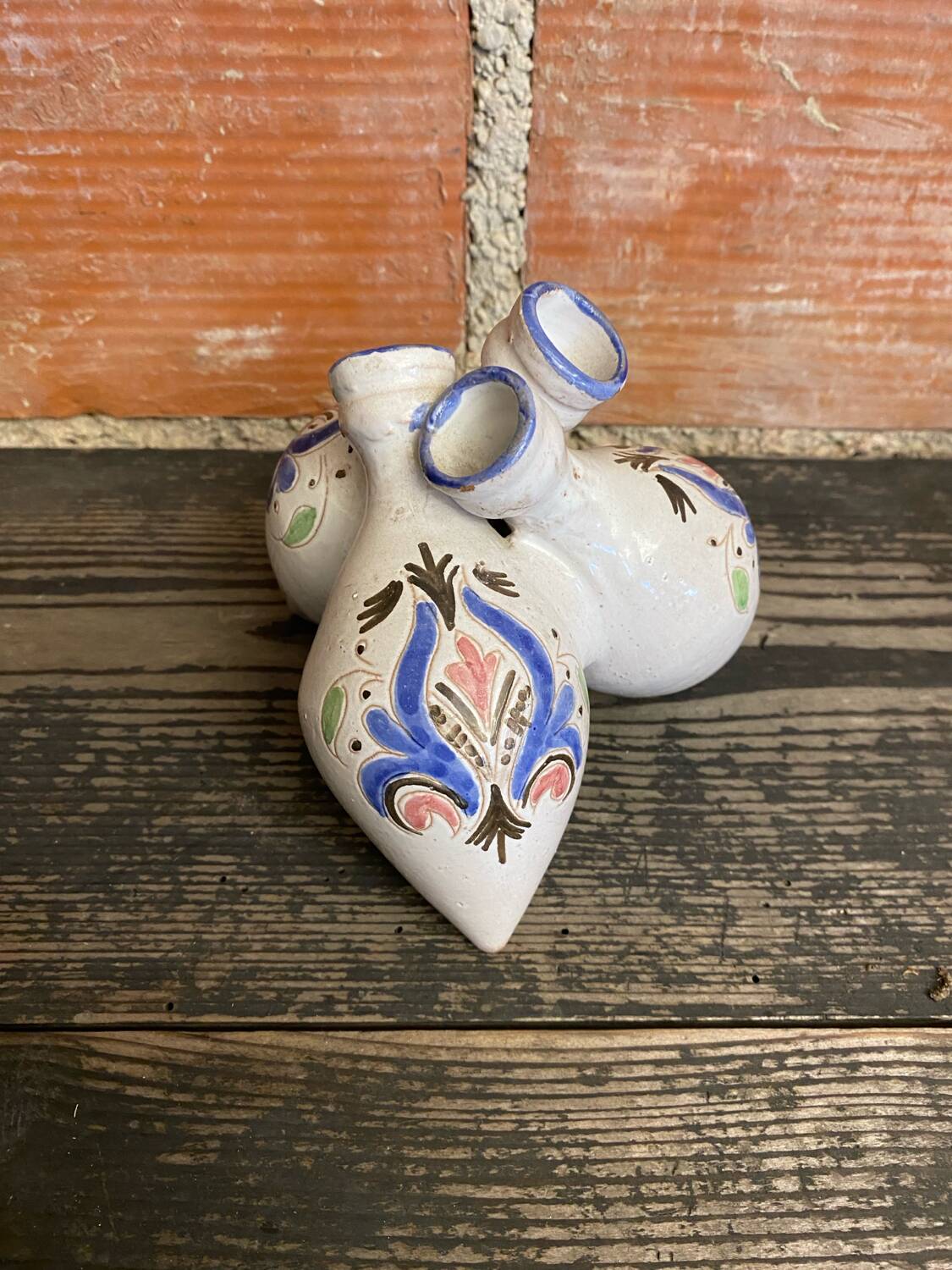 Antique vase with 3 soliflores, chiseled & painted ceramic, vintage