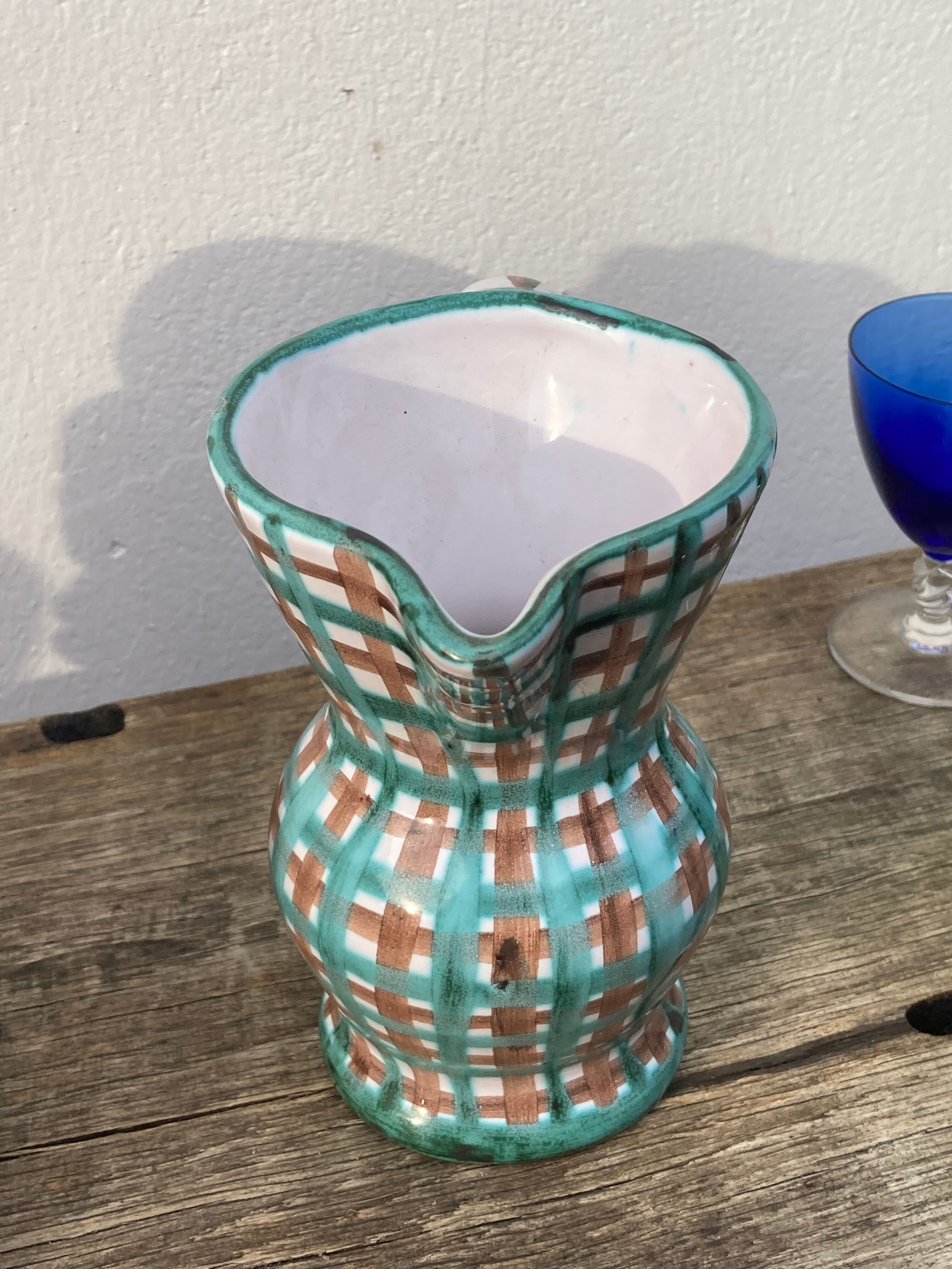 Robert Picault pitcher in green ceramic Vallauris checkered 1960