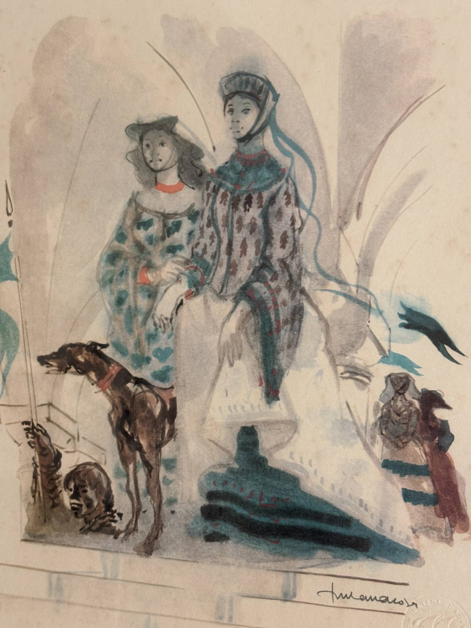 Lithograph Elegant Woman Greyhound Latin Union Edition Lucien Fontanarosa