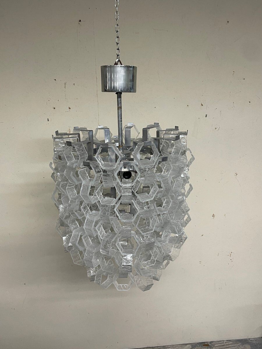 Hexagonal glass Cascade chandelier attributed to Av Mazzega, 1970s.