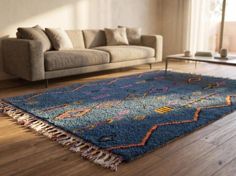 Tapis Handmade Marocain bleu décoré 200cmx300cm