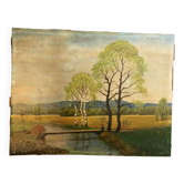 Huile sur carton style Barbizon, années 1940 – Paysan au bord de la rivière