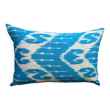 Hand Crafted Silk Ikat Lumbar Cushion Cover, Sky Blue Wave Pillow Case