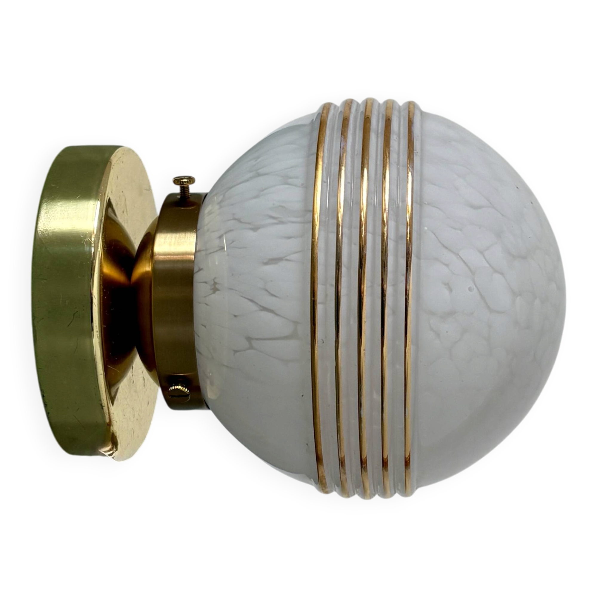 Vintage glass globe wall or ceiling light in white and gold from Clichy.