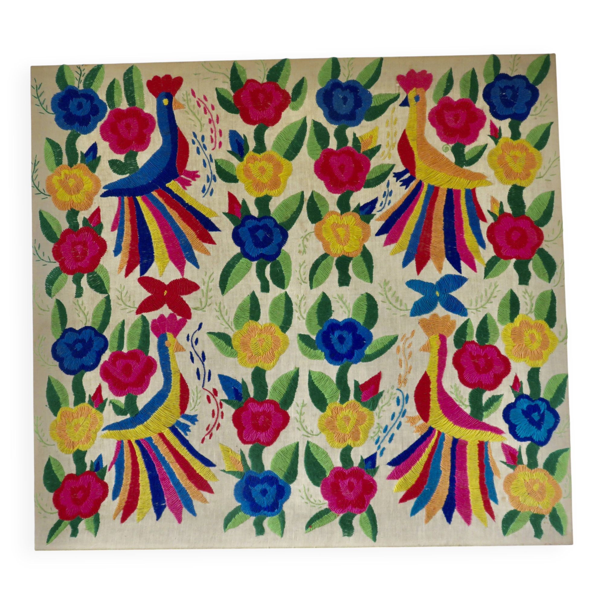 Large Mexican tapestry OTOMI TENANGO, colourful flowers and birds, 1970