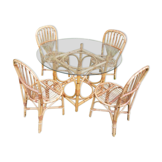 Ensemble table en verre et chaise en rotin osier vintage
