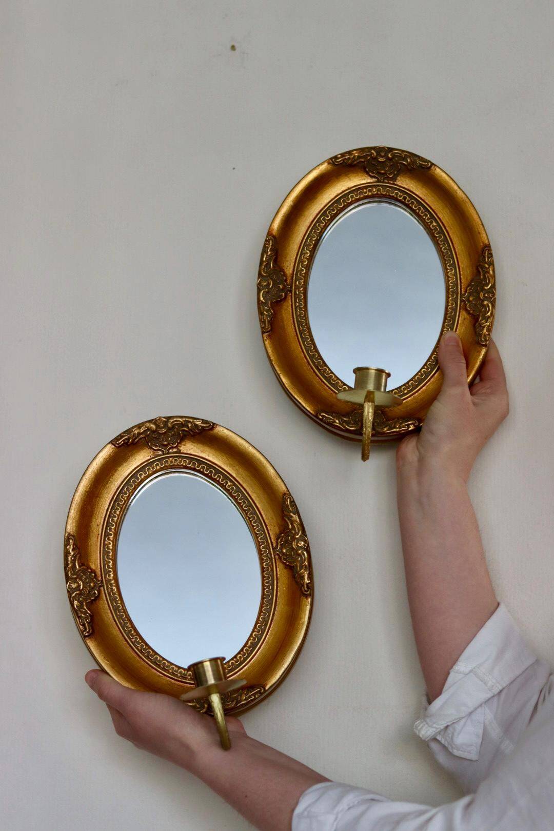 Pair of Mid Century Swedish Gilded Wooden Sconces with Mirror