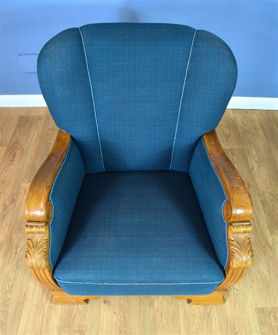 Mid century danish teal blue wool & oak club lounge chair
