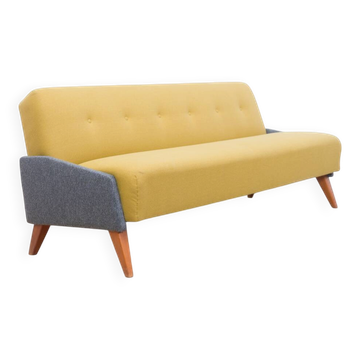 Canapé-lit des années 50 au design streamline – Jaune clair & gris chiné