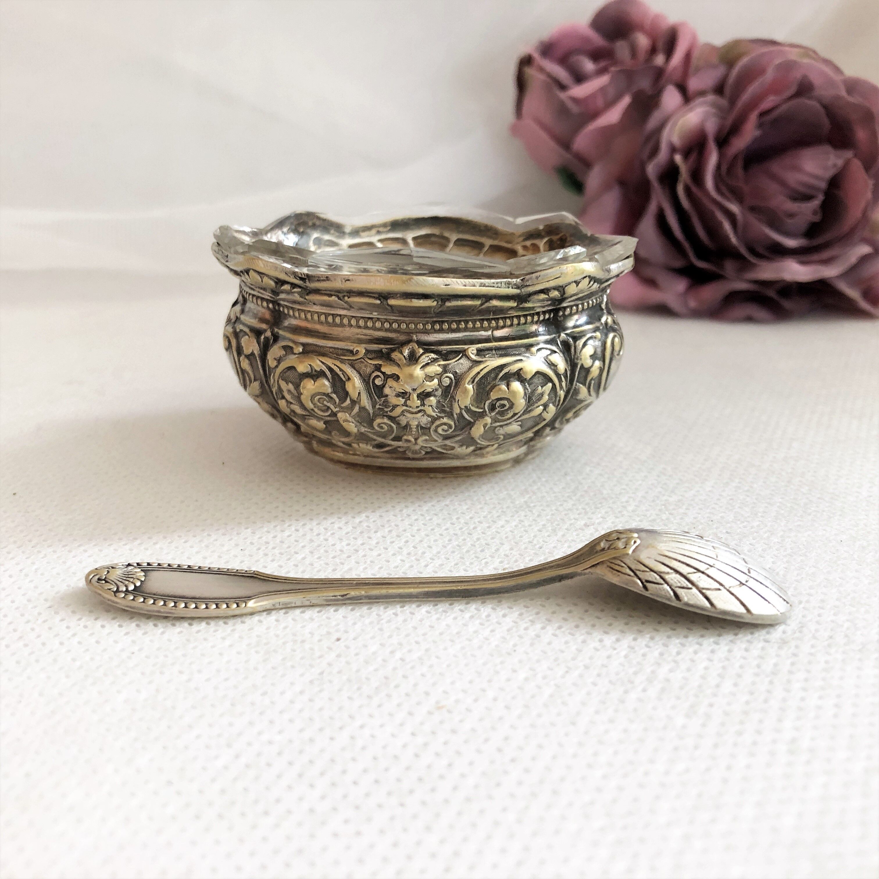Silver metal salter and glass with salt shovel