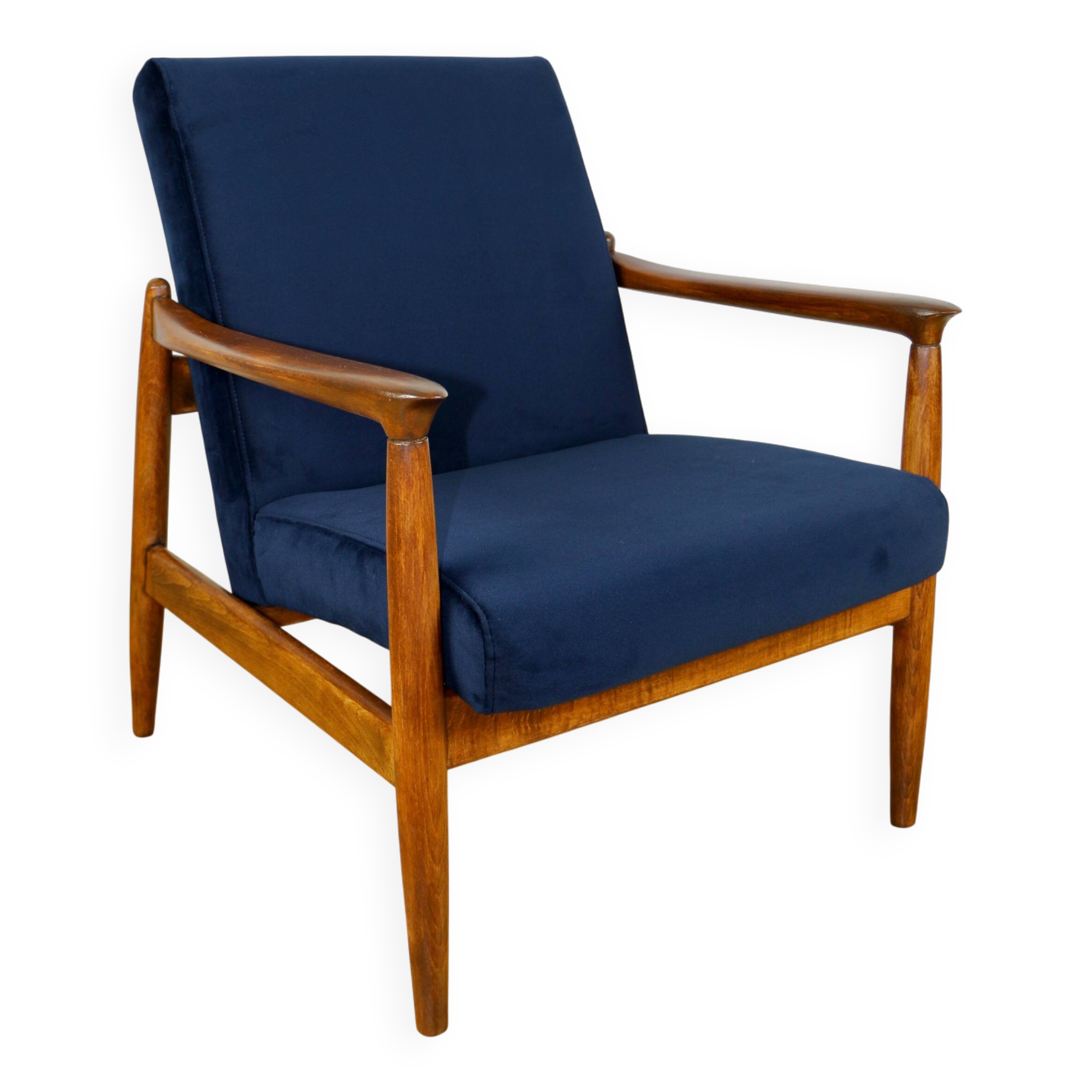GFM-64 armchair, design by Edmund Homa from the 70s, navy blue - dark wood