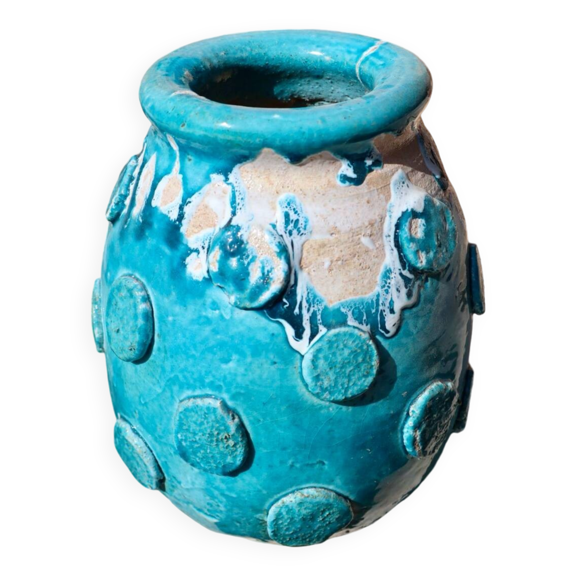 Vase / Planter in Tamegroute Turquoise Blue Enameled Wabi-Sabi