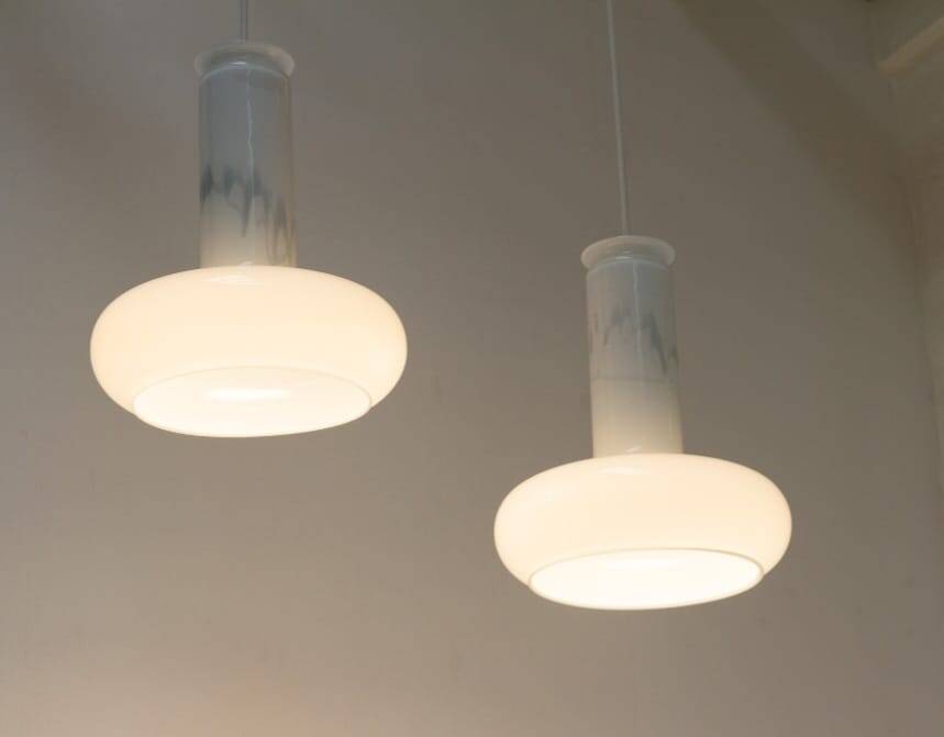 Pair of vintage Danish "Blues" opal glass pendant lamps by Sidse Werner for Holmegaaard, 1980s