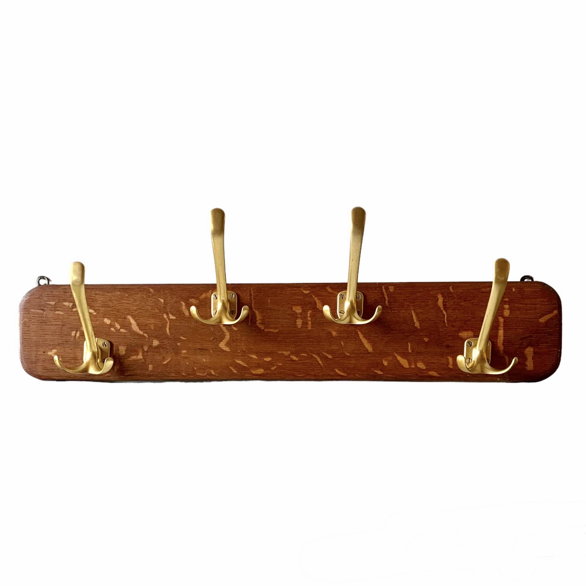 Vintage wooden wall coat rack with 4 double golden aluminum hooks