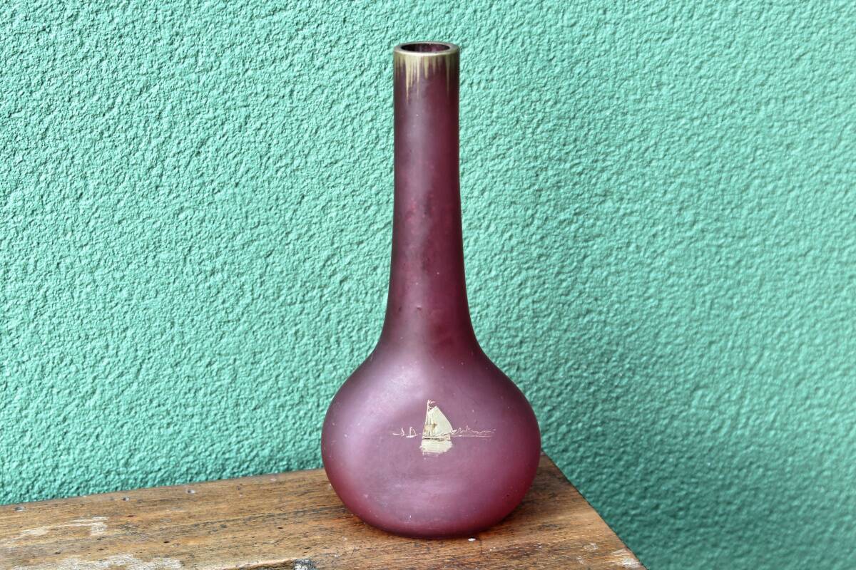 Blown soliflore vase in frosted glass, gold enameled