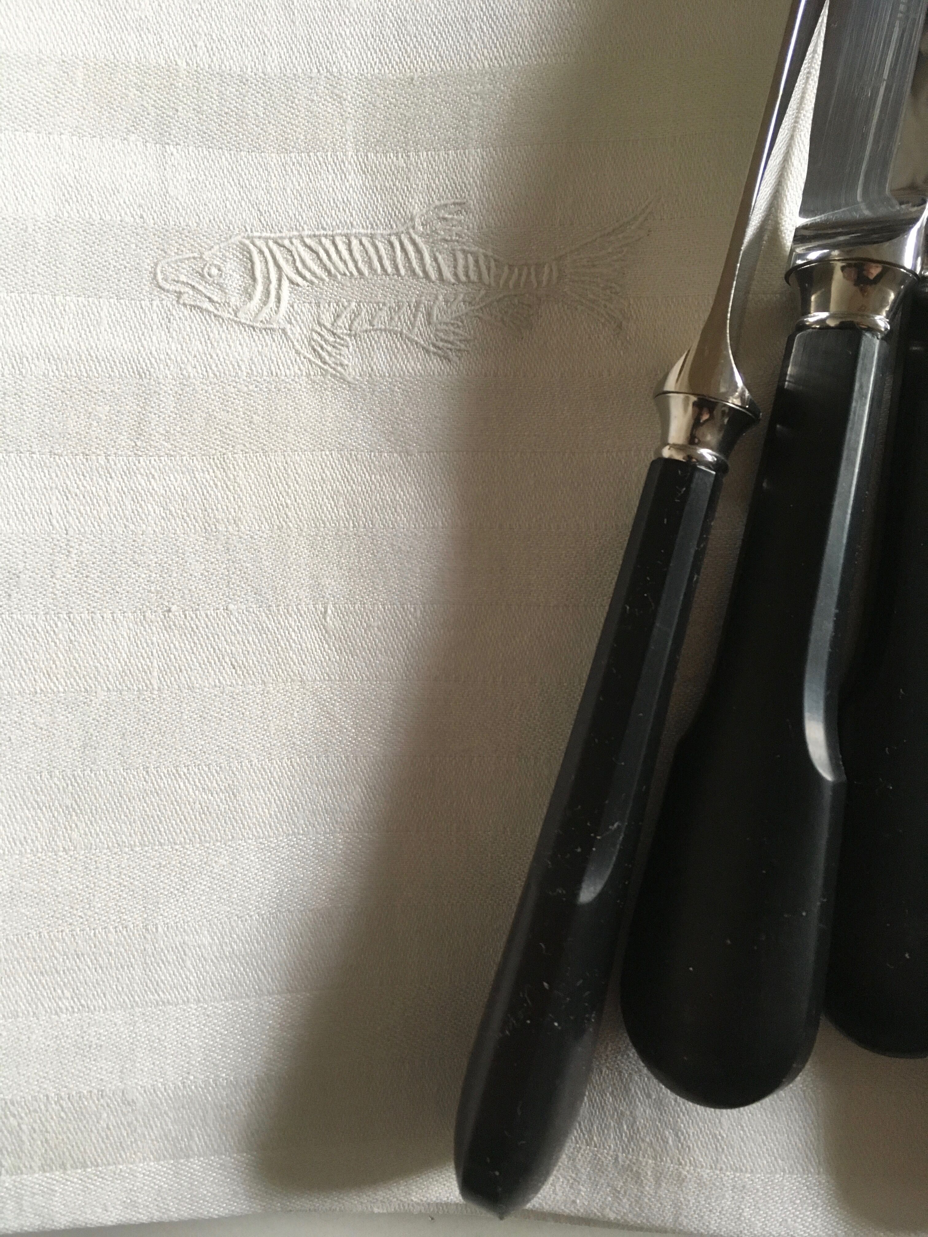 set of 6 19th damask linen napkins embroidered to a fish