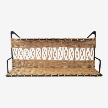 Vintage rattan & steel shelf 1950