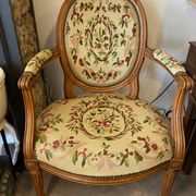 Louis XVI style medallion armchair with floral needlepoint tapestry