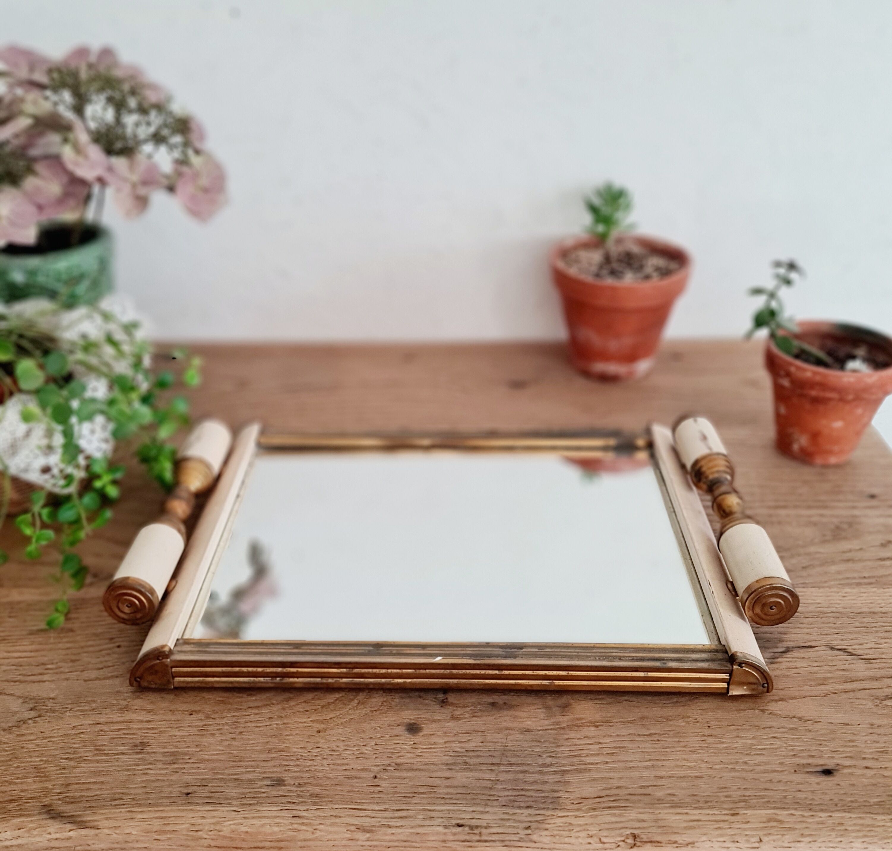 Art deco tray white wood and mirror