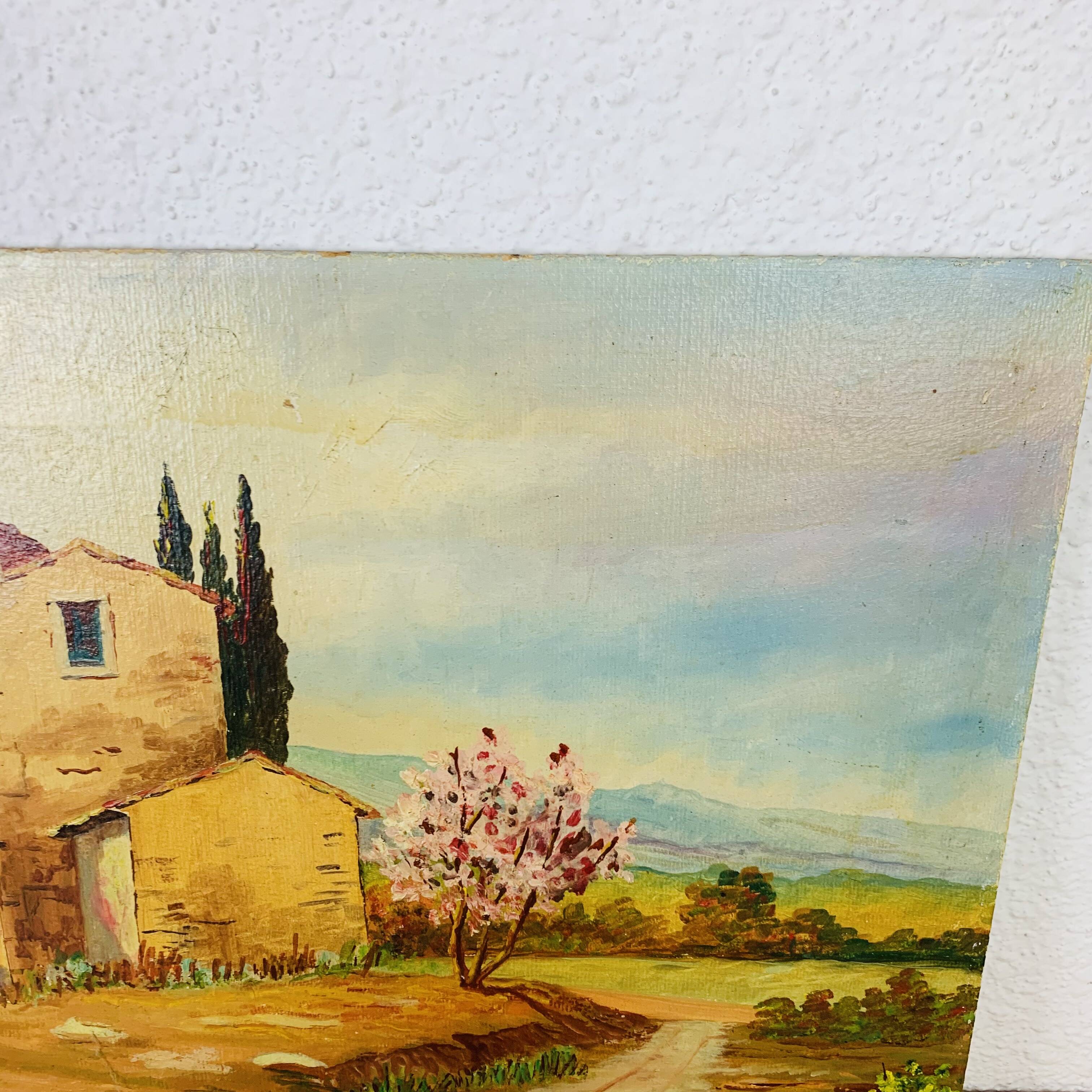 Oil painting on cardboard signed J. Masse village landscape