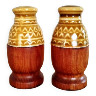 Olive wood and ceramic salt and pepper shakers