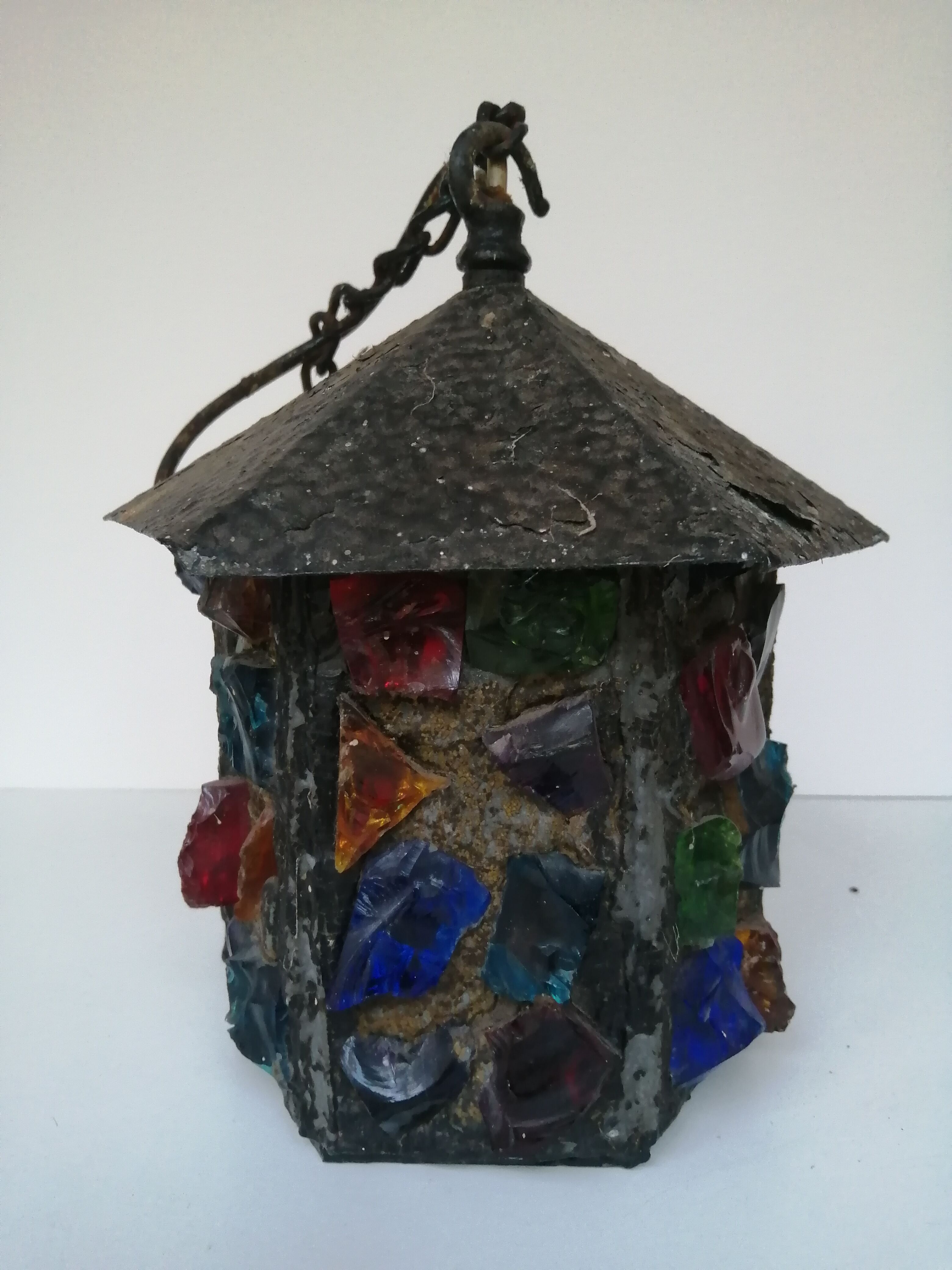 Peter Marsh porch lantern, colored glass, lead and Hammered Sheet metal, 1950s Arts & Crafts