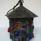 Peter Marsh porch lantern, colored glass, lead and Hammered Sheet metal, 1950s Arts & Crafts