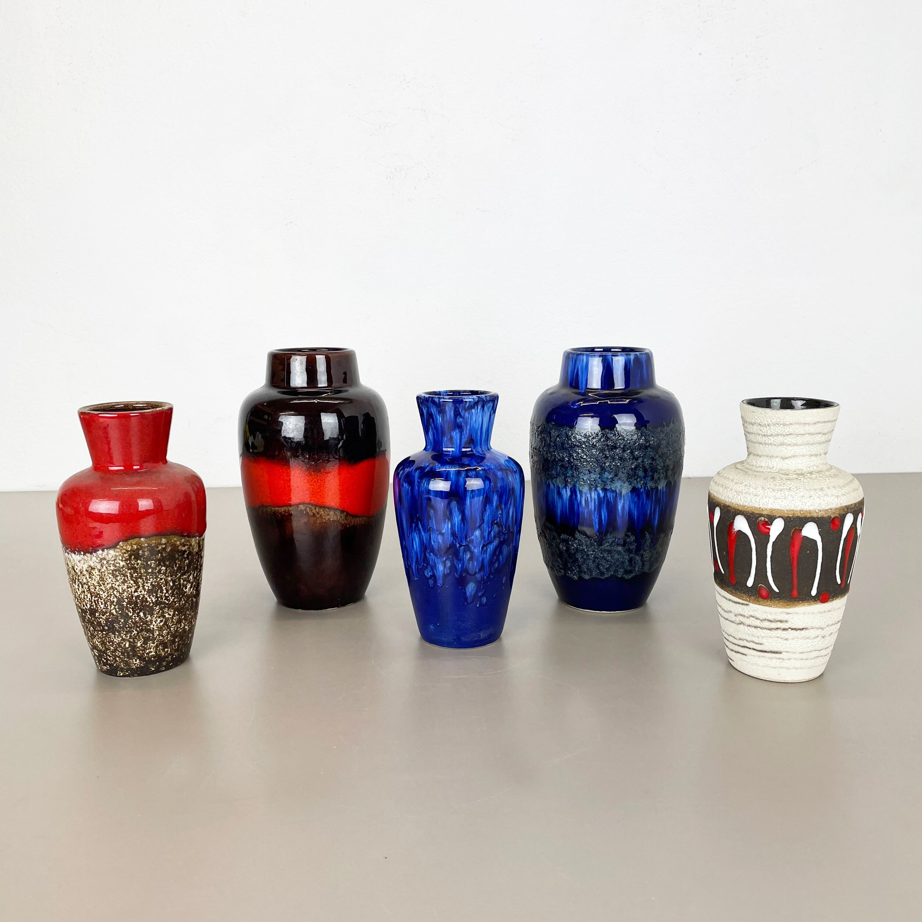 Set of Five Vintage Pottery Fat Lava Vases Made by Scheurich, Germany, 1970s