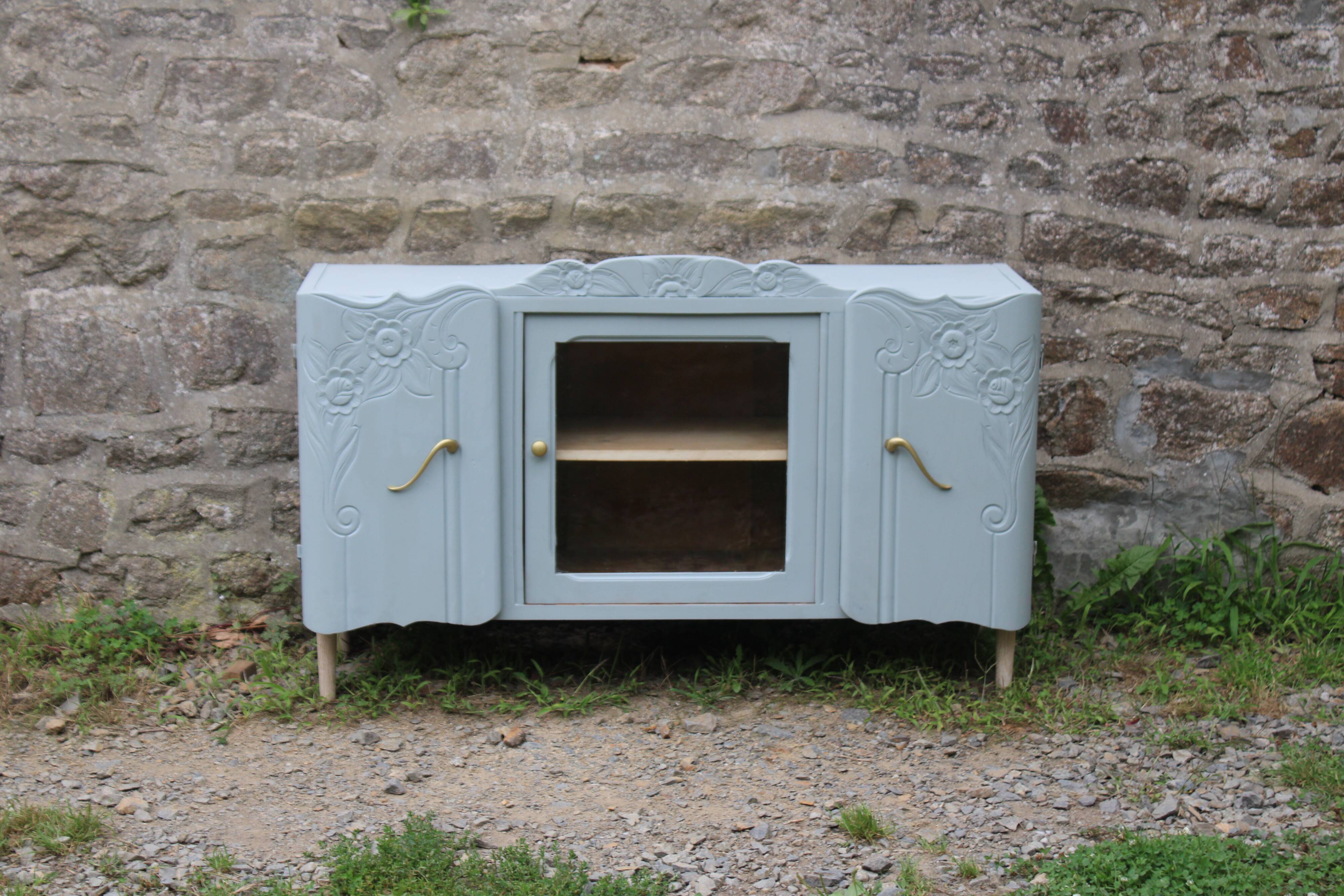Renovated vintage low sideboard - Unique piece of furniture with floral moldings