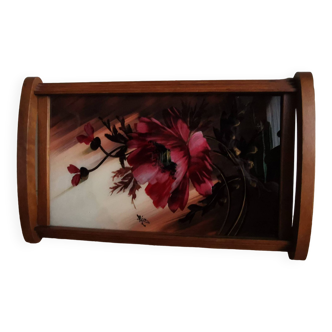 Plateau art deco en bois et verre décoré de coquelicots