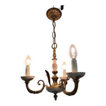 Lustre  3 feux en bronze et porcelaine peinte à la main